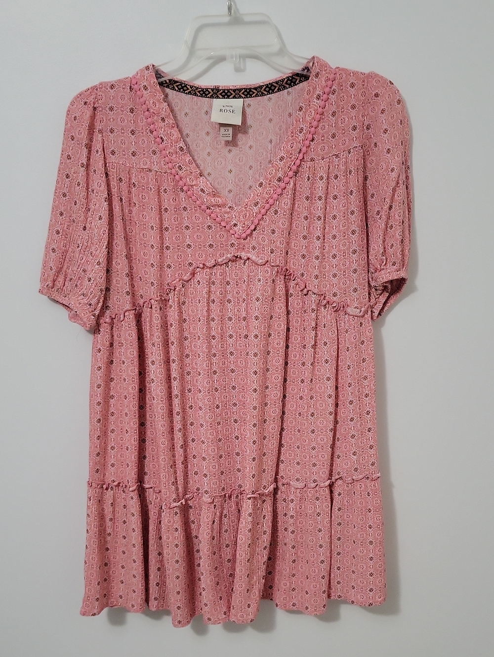 Knox Rose Pink Geometric Tiered V-Neck Tunic, Size X-Small